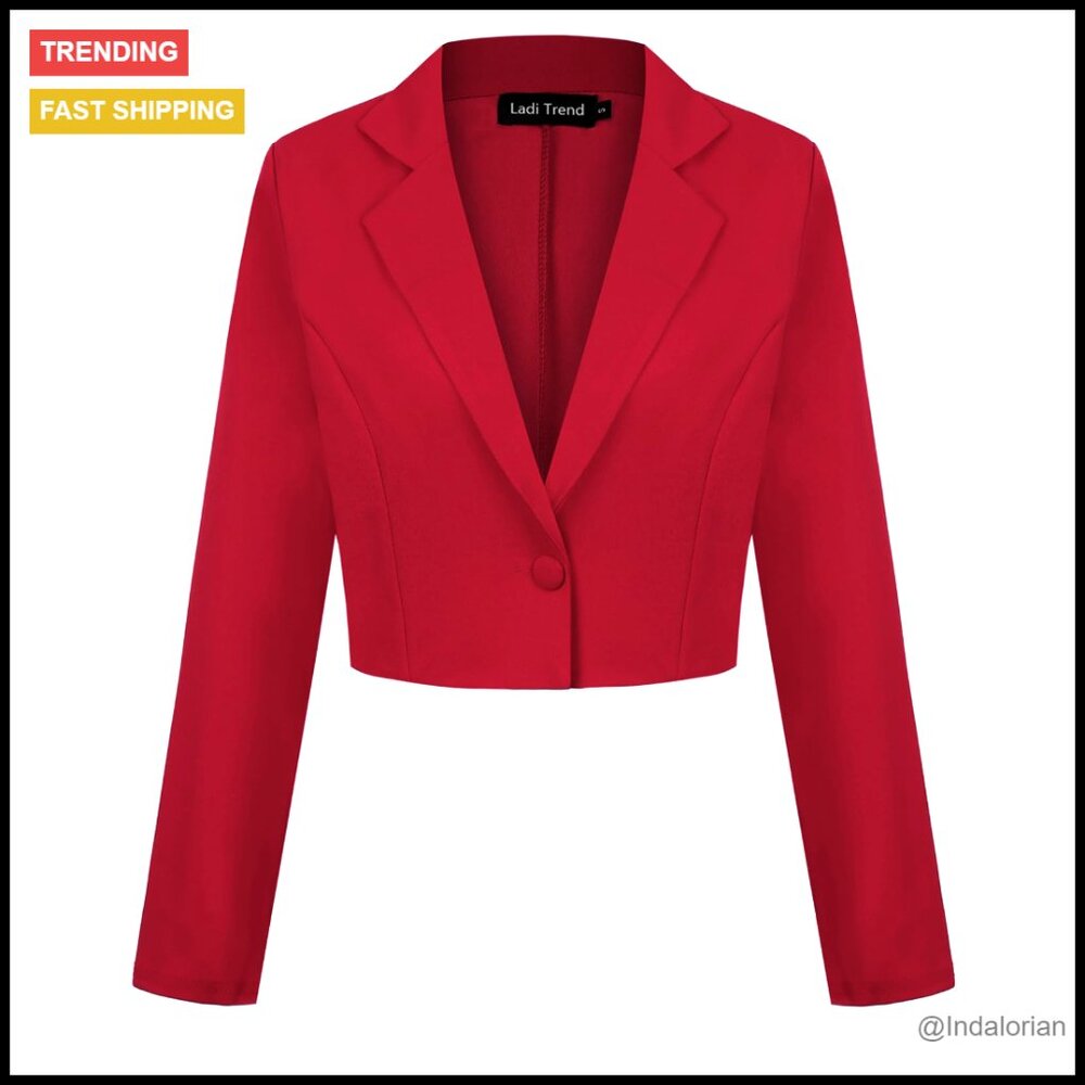 Cropped Blazer Notch Lapel Button Front Long Sleeve Chic Work Office Casual